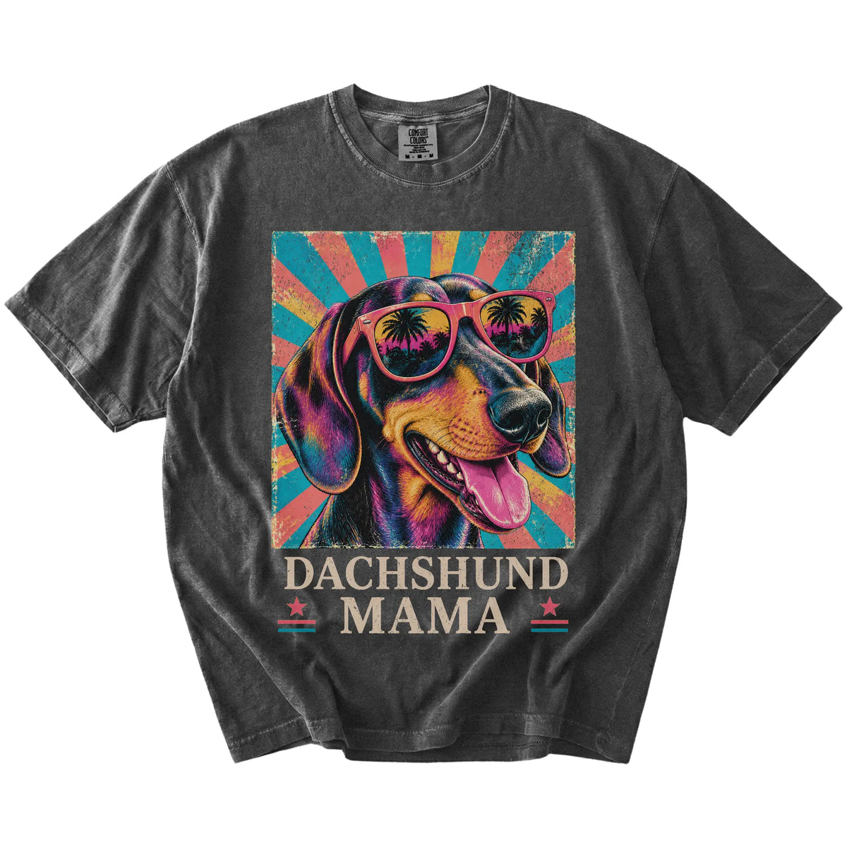 Retro Dachshund Mama design on a Pepper Comfort Colors T-shirt