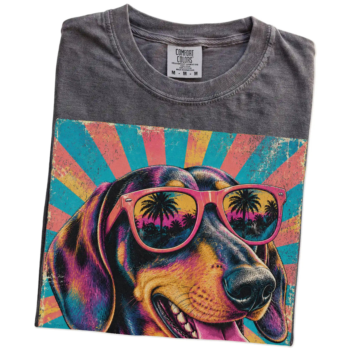 Retro Dachshund Mama design on a Pepper Comfort Colors T-shirt folded detail