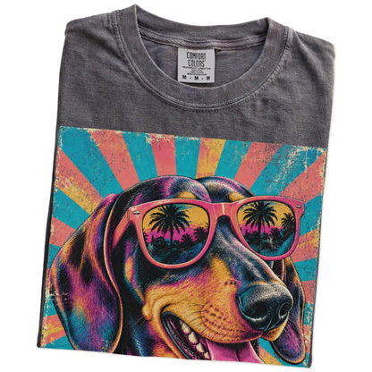 Retro Dachshund Mama design on a Pepper Comfort Colors T-shirt folded detail