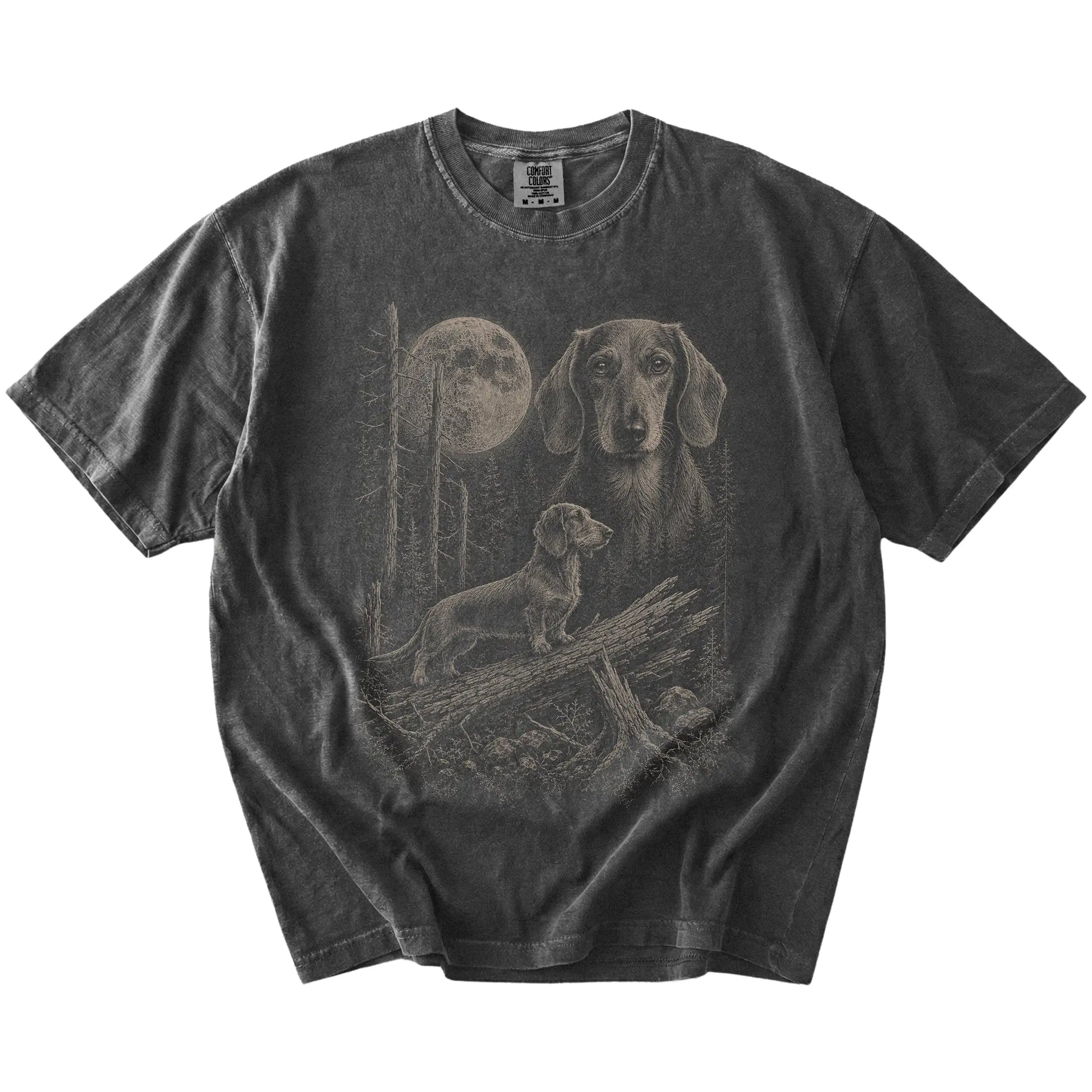 Pepper Dachshund Moonlit Forest T-Shirt laid flat