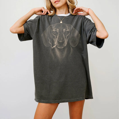 Model wearing a Dachshund smoking design on a Pepper t-shirt