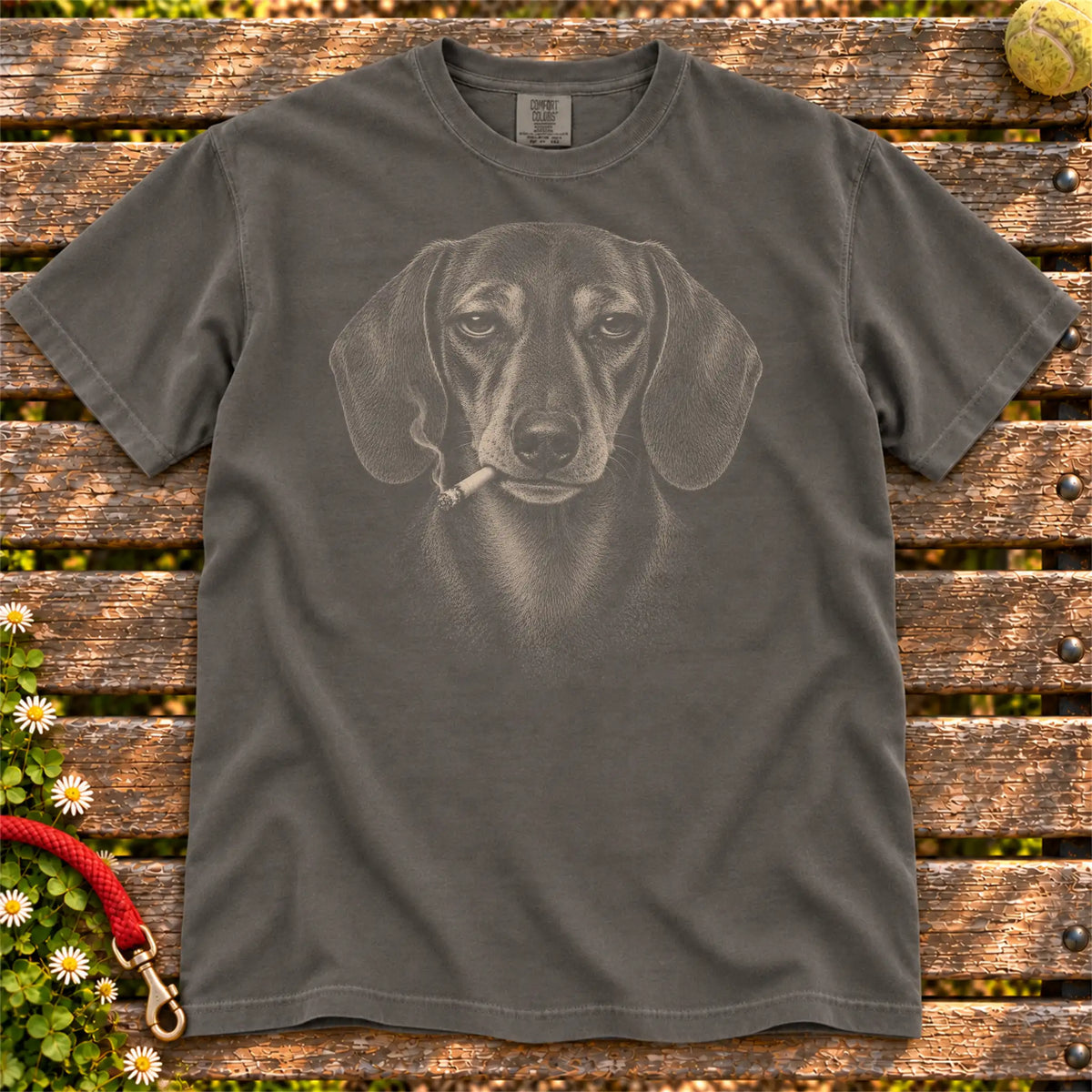 Dachshund smoking design on a Pepper t-shirt