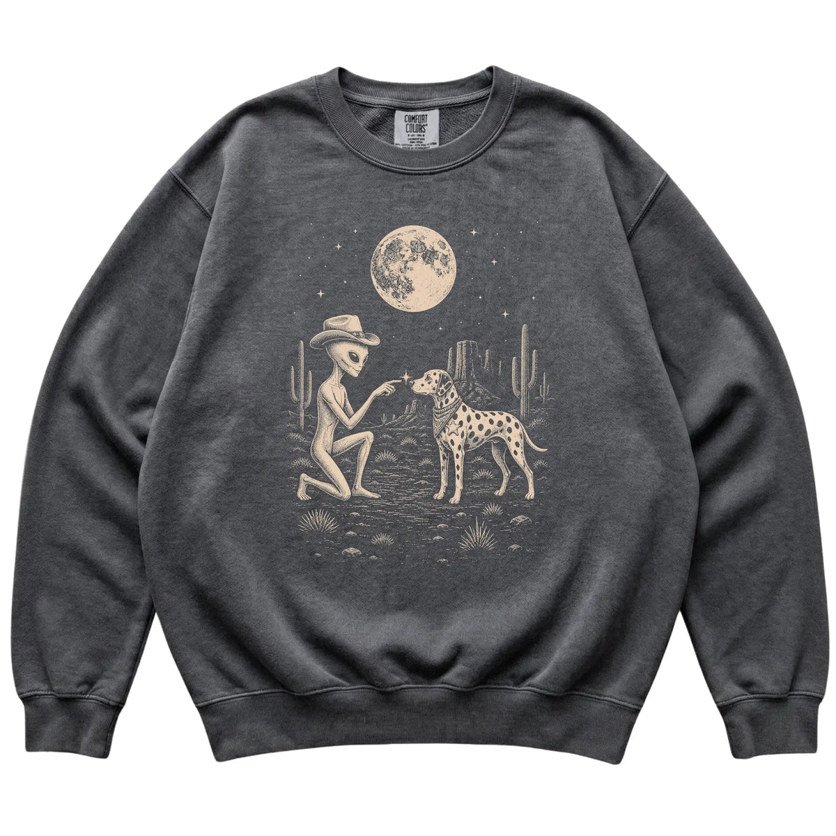 Pepper Comfort Colors® sweatshirt featuring Dalmatian Cowboy and Alien, laid-flat presentation