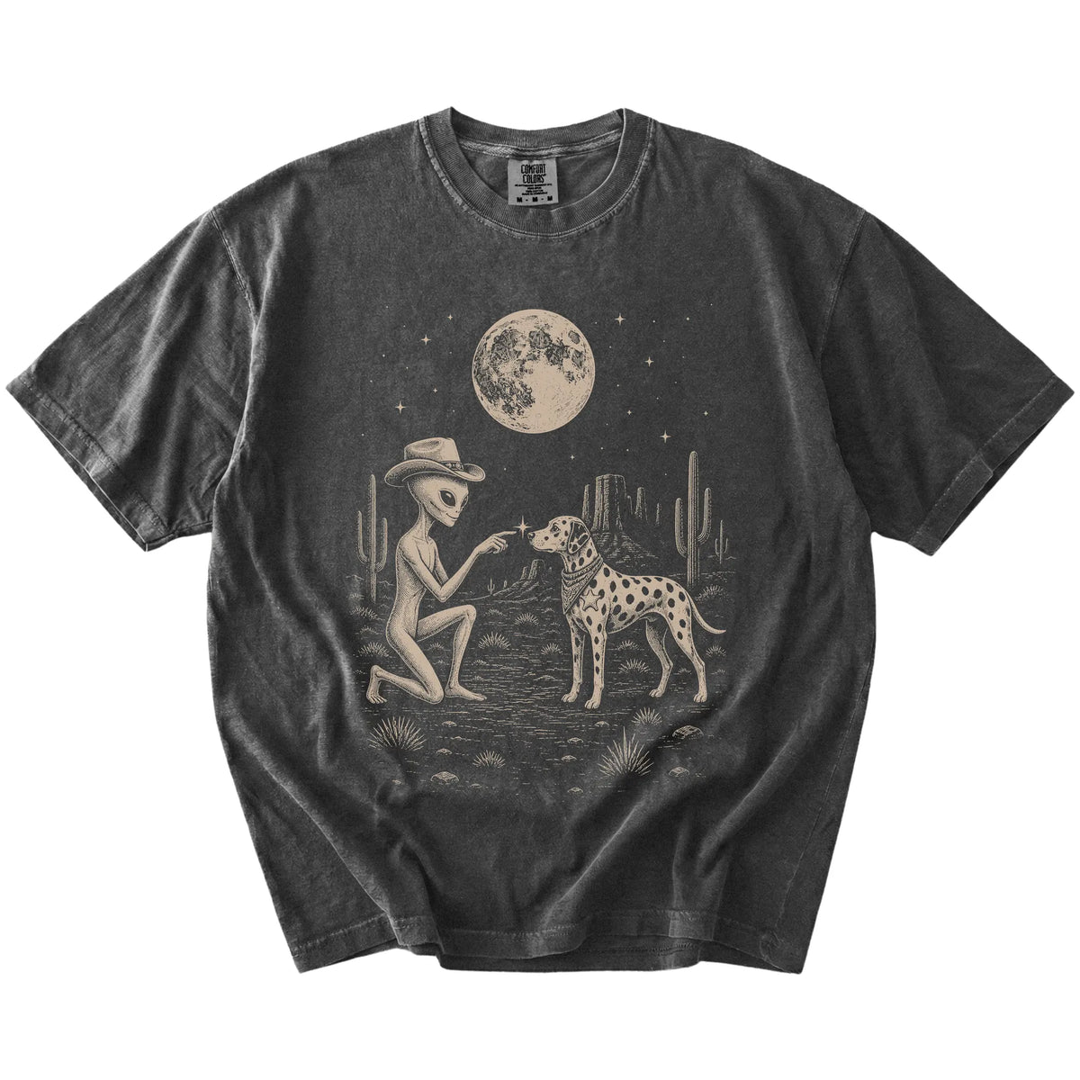 Cowboy alien fist-bumping a Dalmatian beneath the moon on a Pepper Comfort Colors® T-shirt