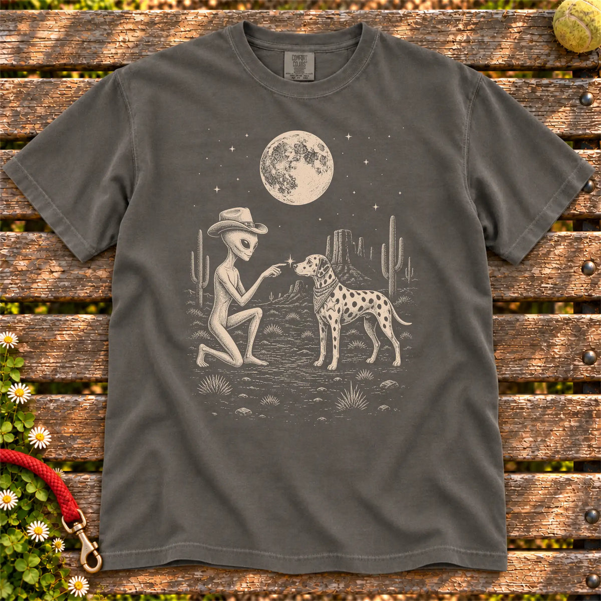 Dalmatian Cowboy and Alien on a Pepper T-shirt, shown flat