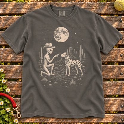 Dalmatian Cowboy and Alien on a Pepper T-shirt, shown flat