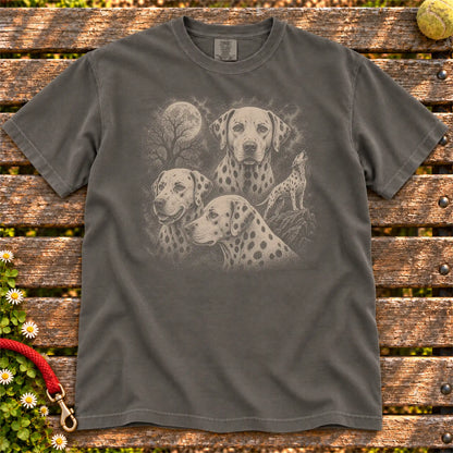 Dalmatian 90s Moon design on a Pepper T-shirt shown flat