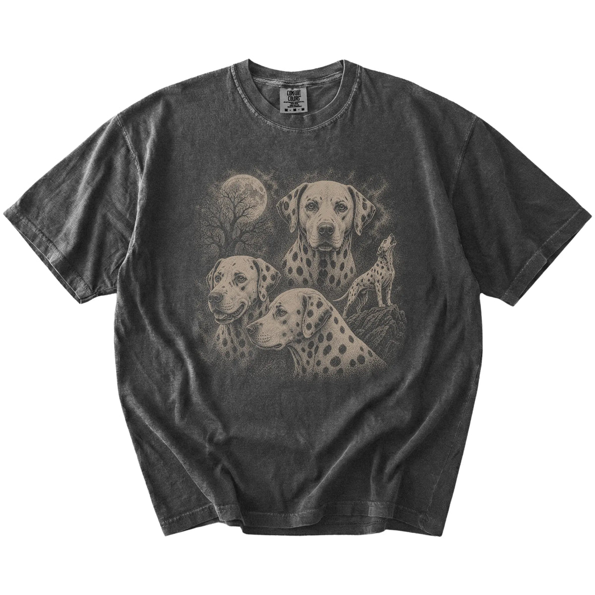 Vintage moon montage featuring Dalmatian on a Pepper Comfort Colors® T-shirt