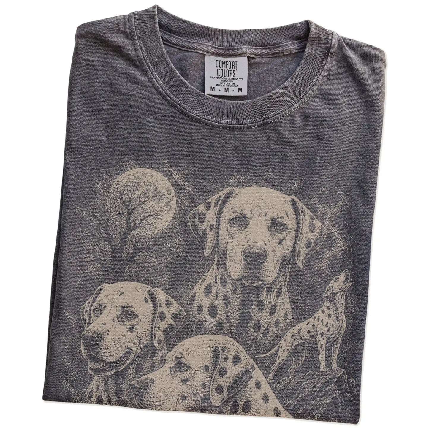 Folded Pepper Comfort Colors® T-shirt showing a vintage moon montage featuring Dalmatian