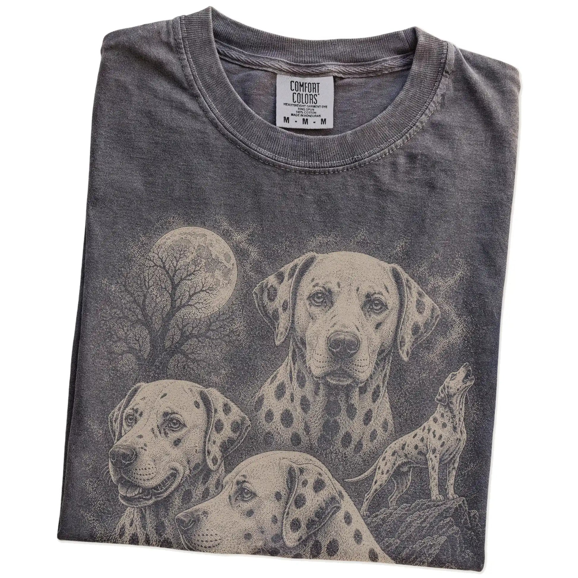 Folded Pepper Comfort Colors® T-shirt showing a vintage moon montage featuring Dalmatian