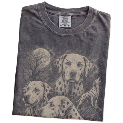 Folded Pepper Comfort Colors® T-shirt showing a vintage moon montage featuring Dalmatian
