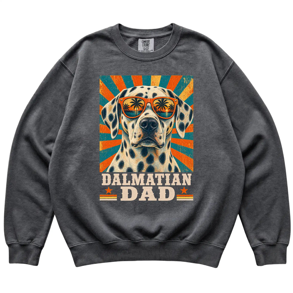 Retro Dalmatian Dad design on a Pepper Comfort Colors sweatshirt