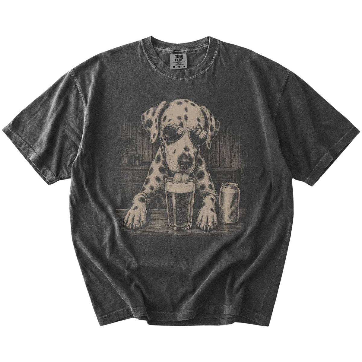 Dalmatian sneaking a drink from a foamy pint at home on a Pepper Comfort Colors® t-shirt