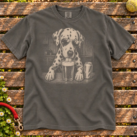 Dalmatian Drinking Beer design on a Pepper Comfort Colors T-shirt, shown flat