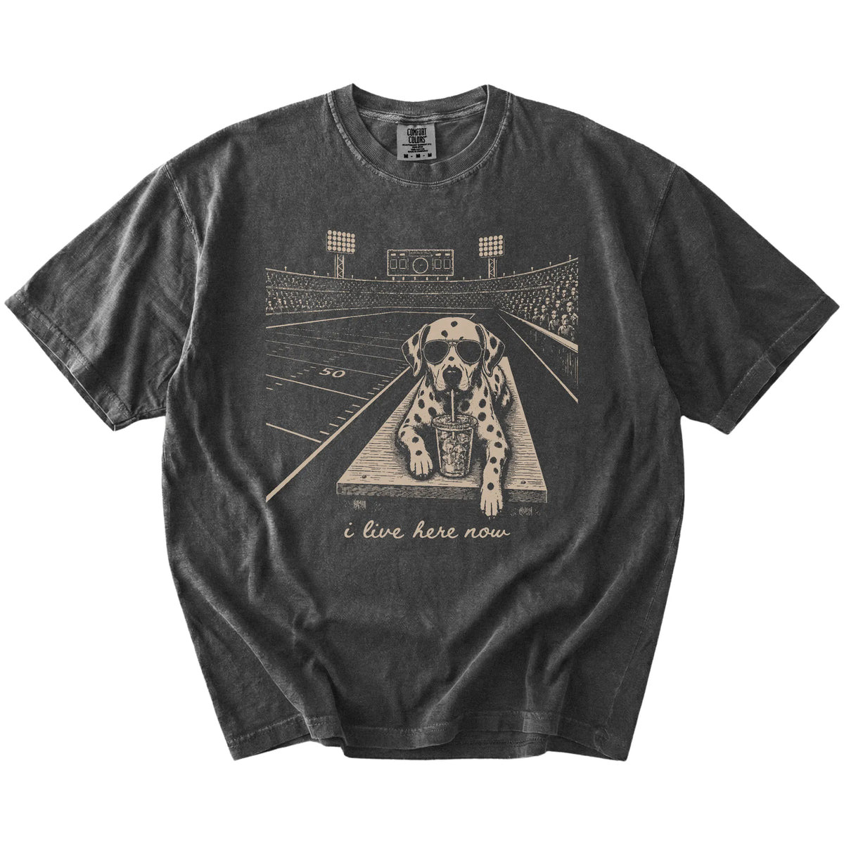 Dalmatian ready for football and tailgate season on a Pepper Comfort Colors® T-shirt