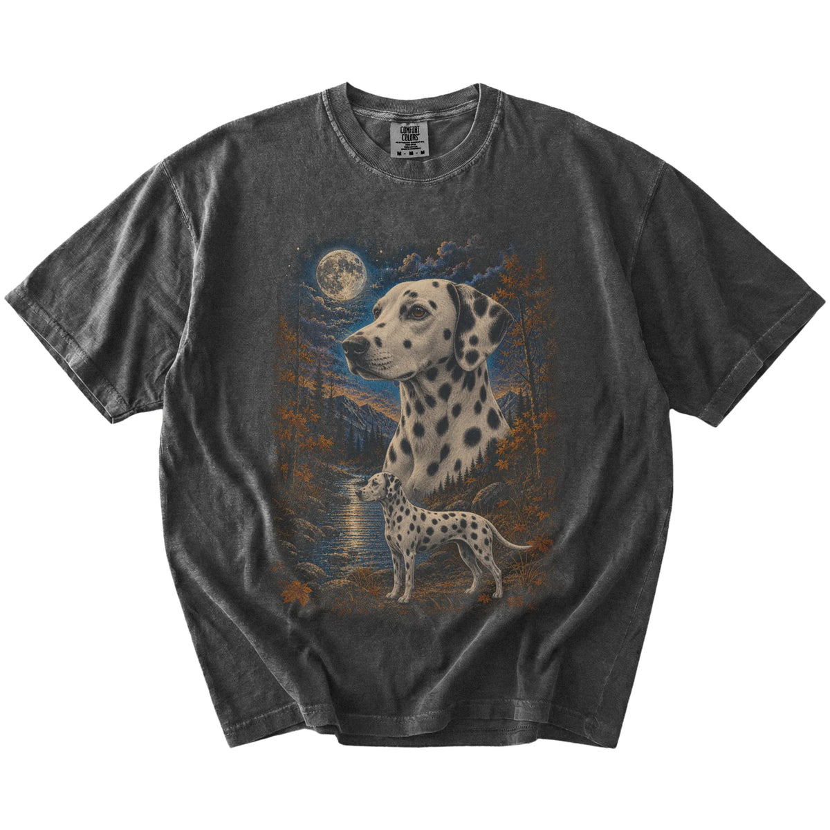 Dalmatian in a moonlit fall forest scene on a Pepper Comfort Colors® t-shirt