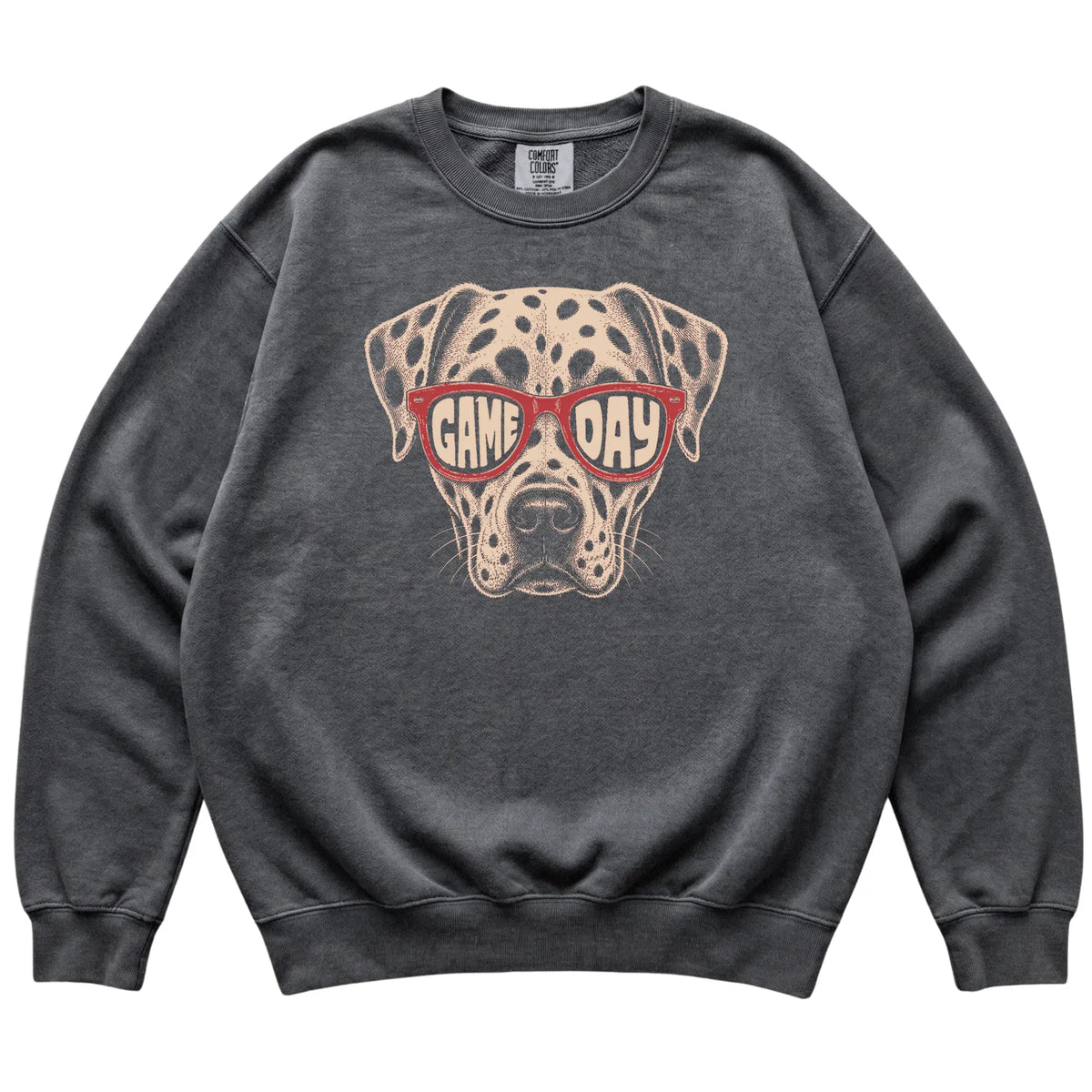 Pepper Dalmatian Game Day Sunglasses sweatshirt, laid flat