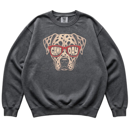 Pepper Dalmatian Game Day Sunglasses sweatshirt, laid flat