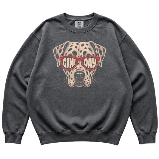 Pepper Dalmatian Game Day Sunglasses sweatshirt, laid flat