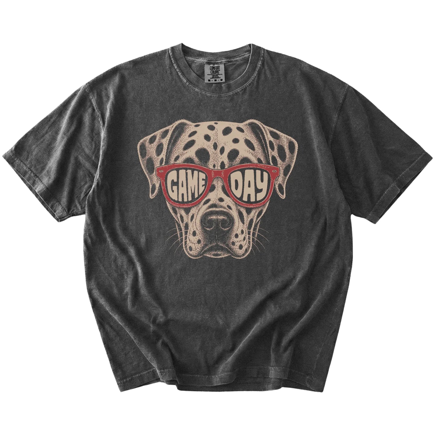 Dalmatian wearing red Game Day sunglasses on a Pepper Comfort Colors® T-shirt