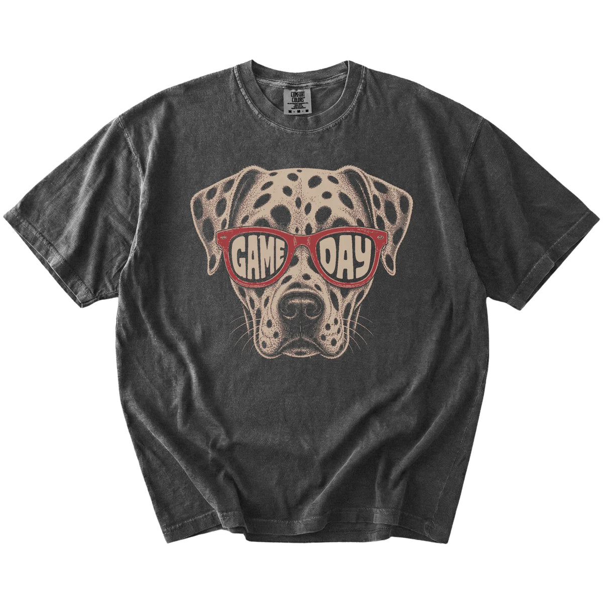 Dalmatian wearing red Game Day sunglasses on a Pepper Comfort Colors® T-shirt