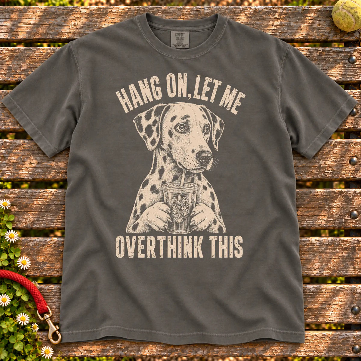 Overthinking Dalmatian design on a Pepper Comfort Colors T-shirt, shown flat
