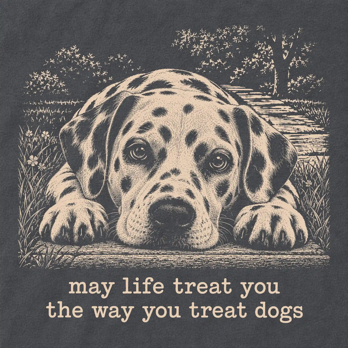 Dalmatian Karma Comfort Colors sweatshirt in Pepper — Design Detail