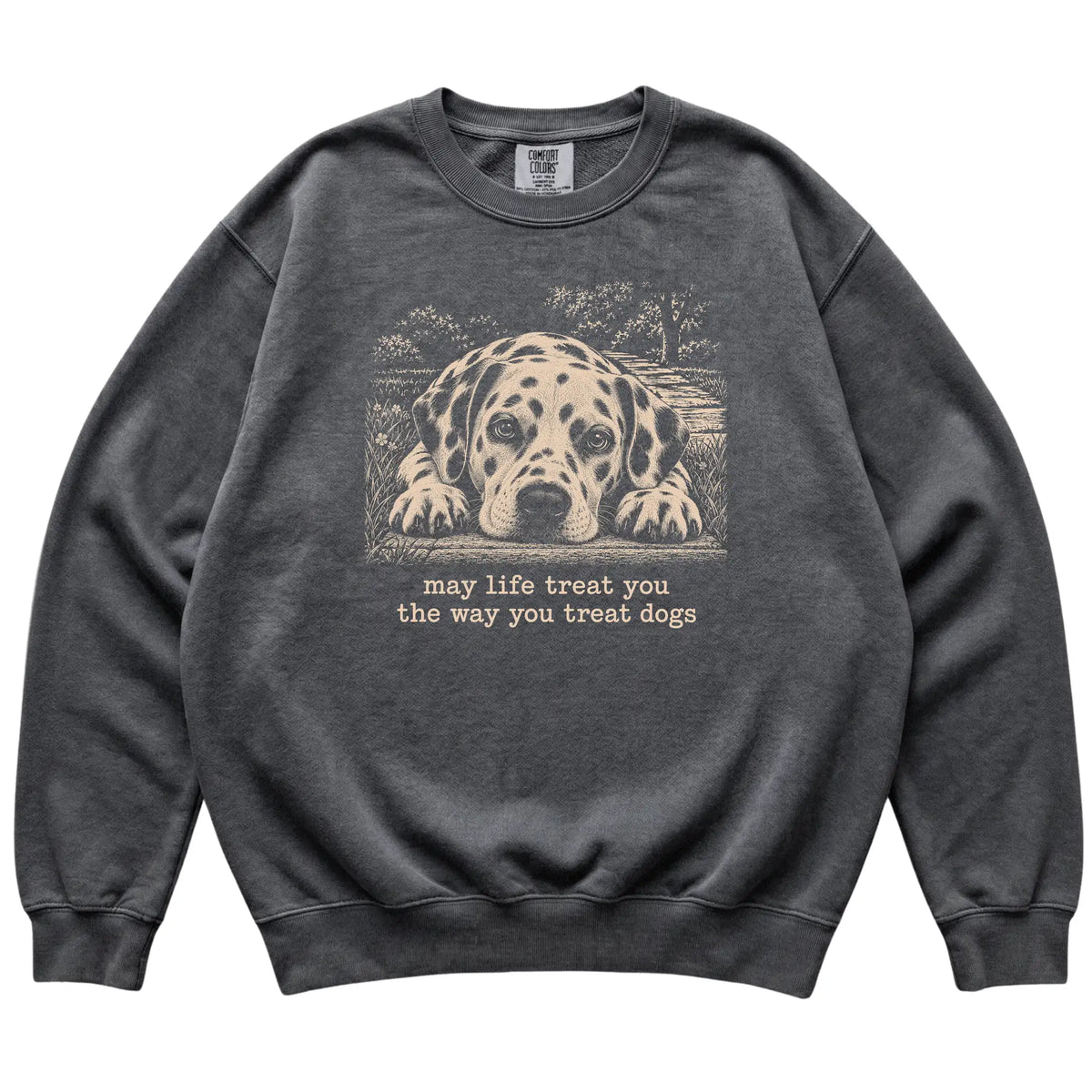 Dalmatian Karma Comfort Colors sweatshirt in Pepper — Flat Lay