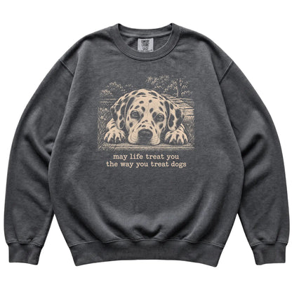 Dalmatian Karma Comfort Colors sweatshirt in Pepper — Flat Lay
