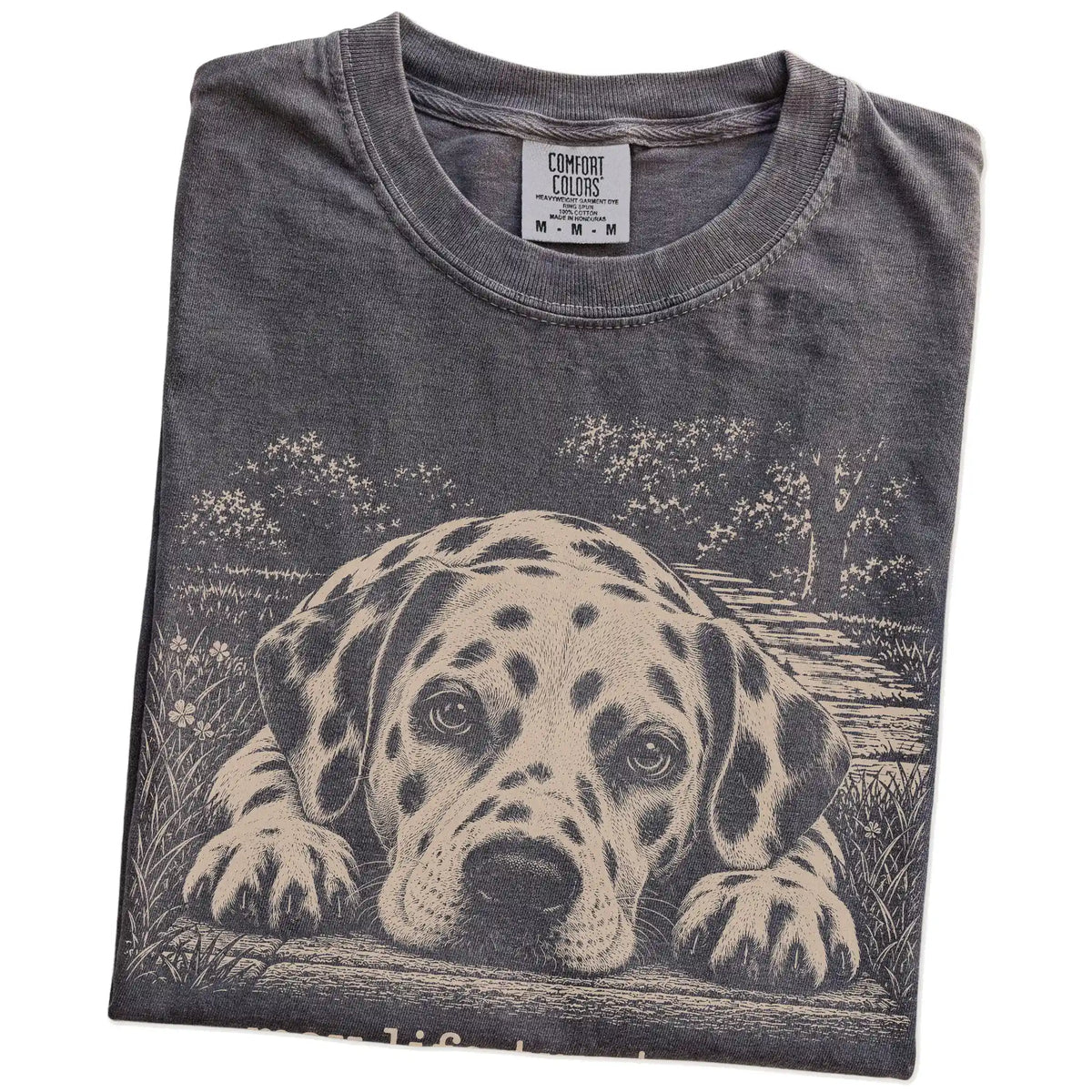 Dalmatian Karma Comfort Colors T-shirt in Pepper — Folded Detail