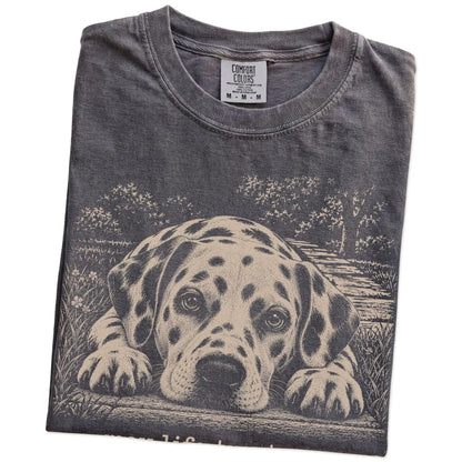 Dalmatian Karma Comfort Colors T-shirt in Pepper — Folded Detail