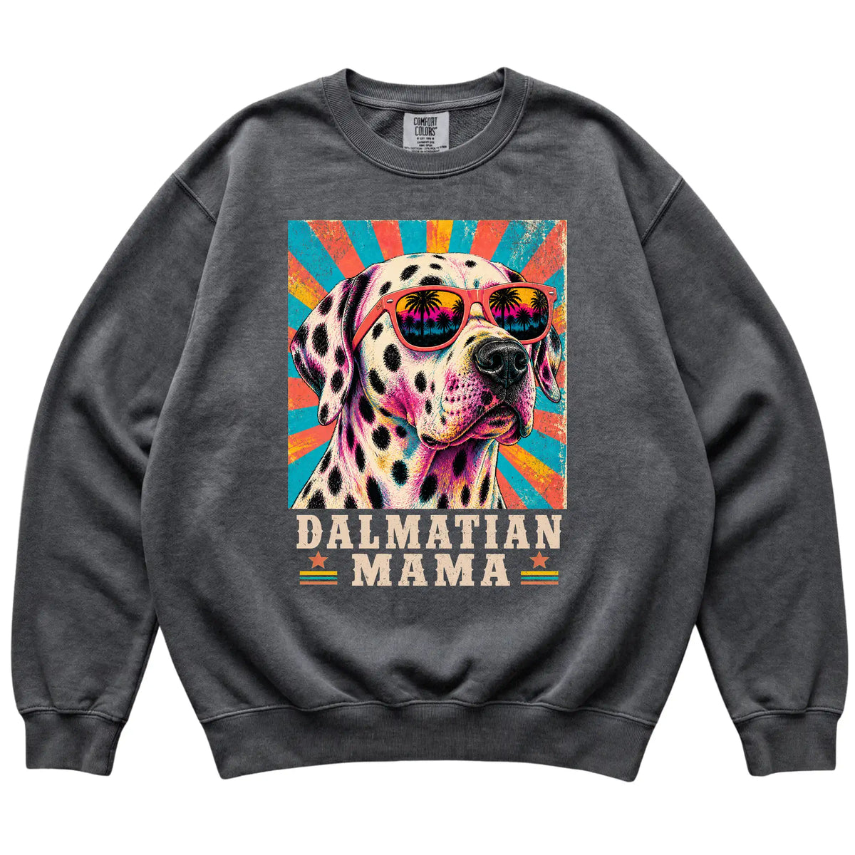 Retro Dalmatian Mama design on a Pepper Comfort Colors sweatshirt