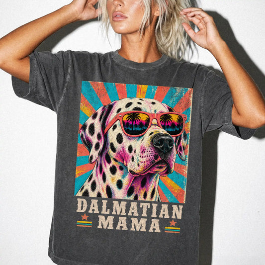 Retro Dalmatian Mama design on a Pepper Comfort Colors T-shirt worn by a model