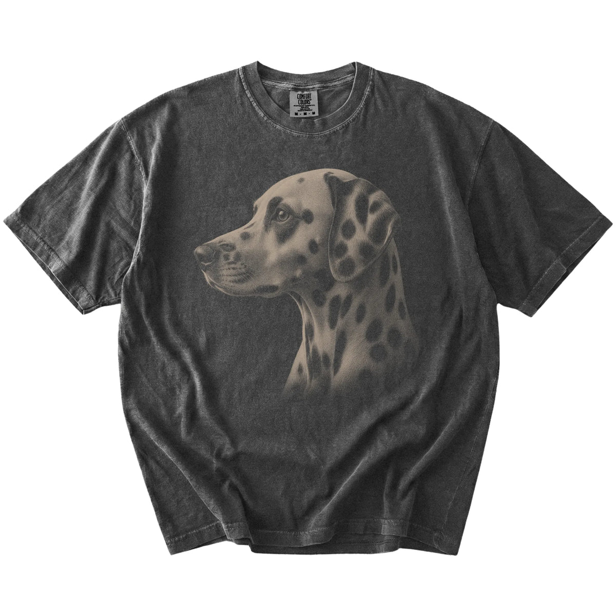 A detailed photographic portrait of a Dalmatian on a Pepper Comfort Colors® T-shirt