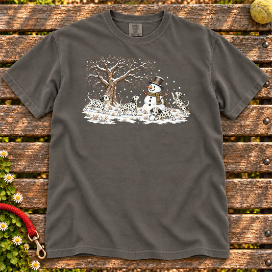 Dalmatian puppies playing in snow with a snowman on a Pepper T-shirt