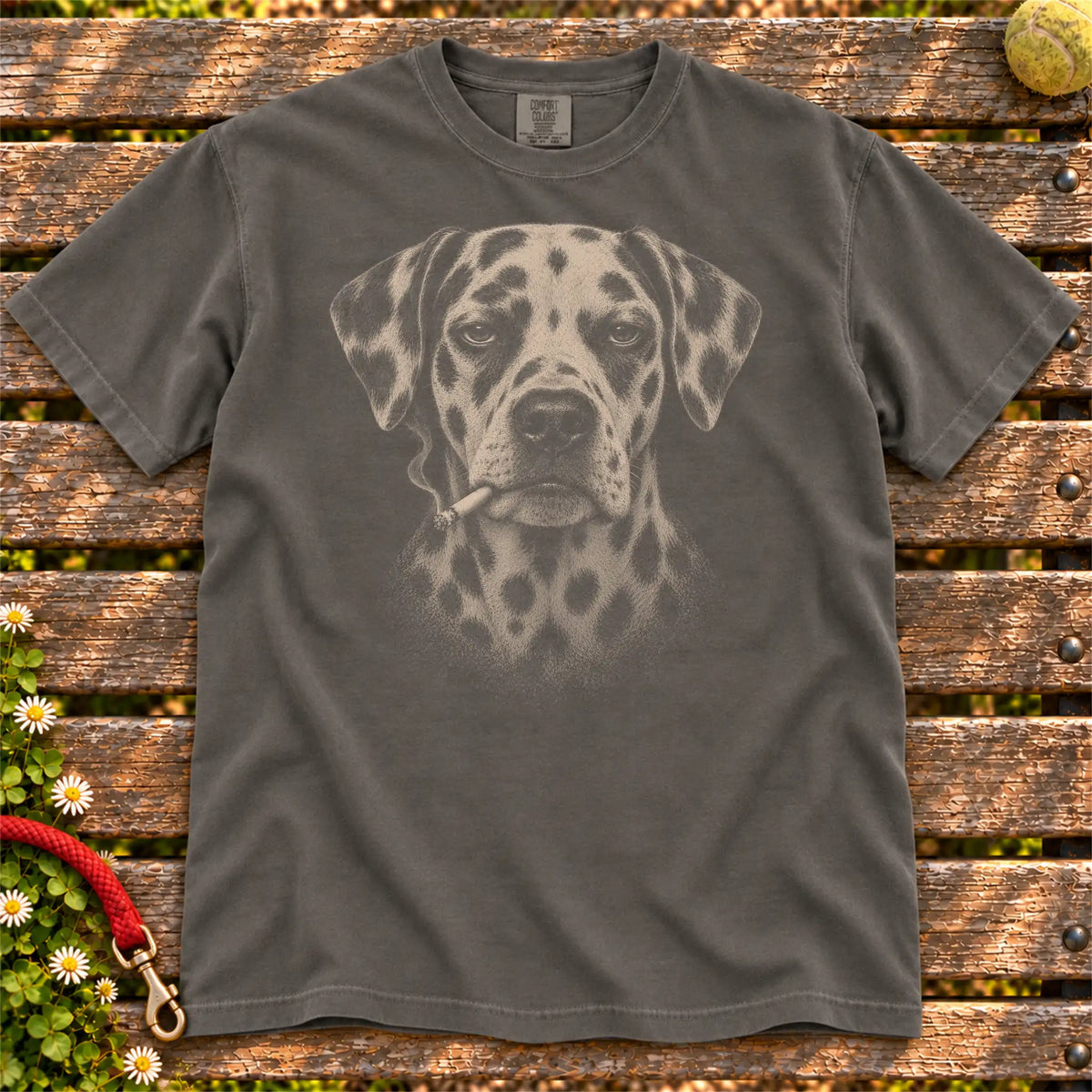 Dalmatian smoking design on a Pepper t-shirt