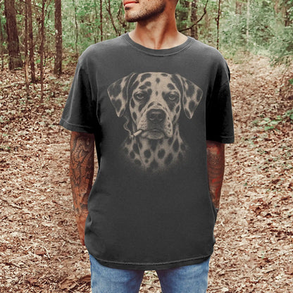 Model wearing a Dalmatian smoking design on a Pepper t-shirt