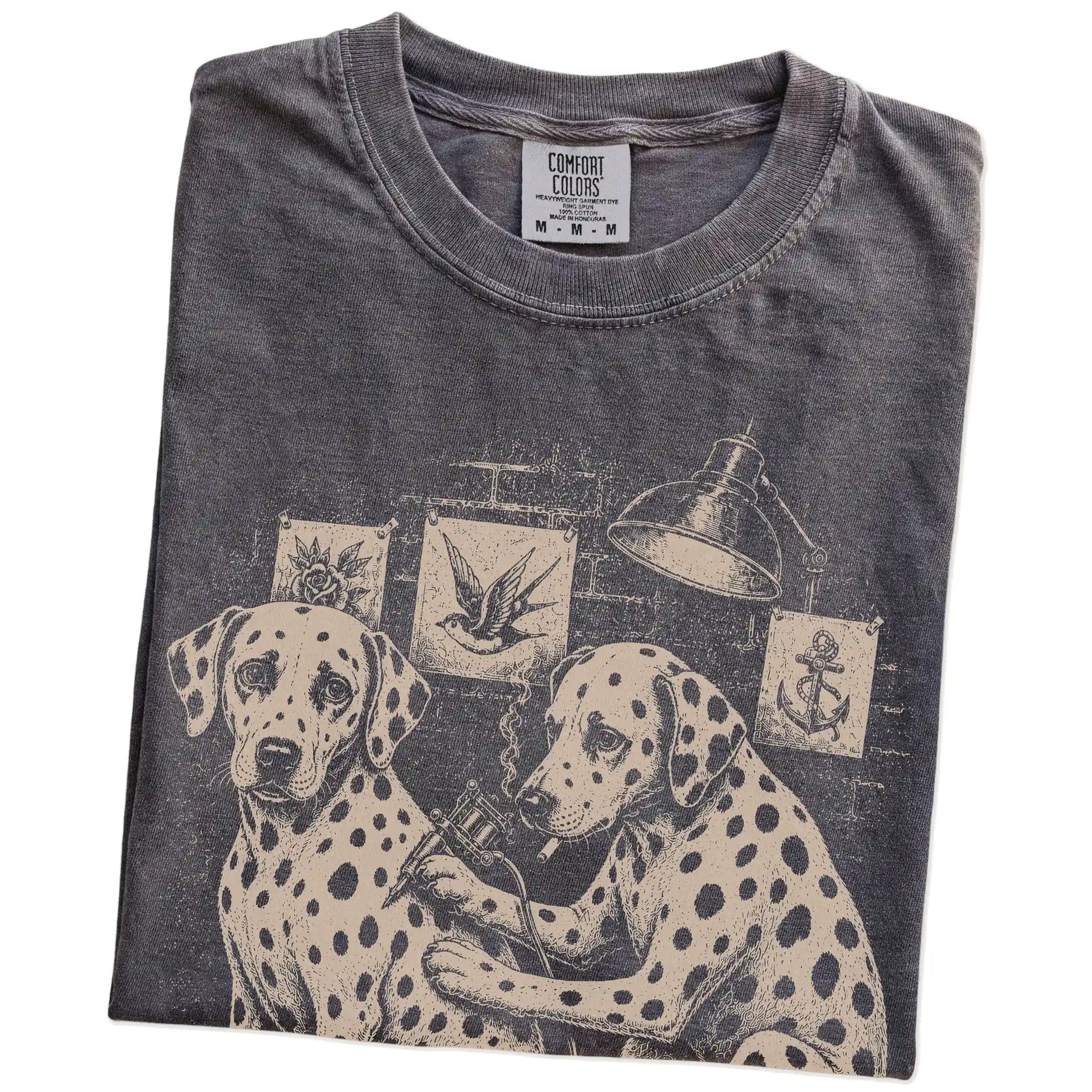 Folded Pepper Dalmatian Tattoo t-shirt showing the graphic