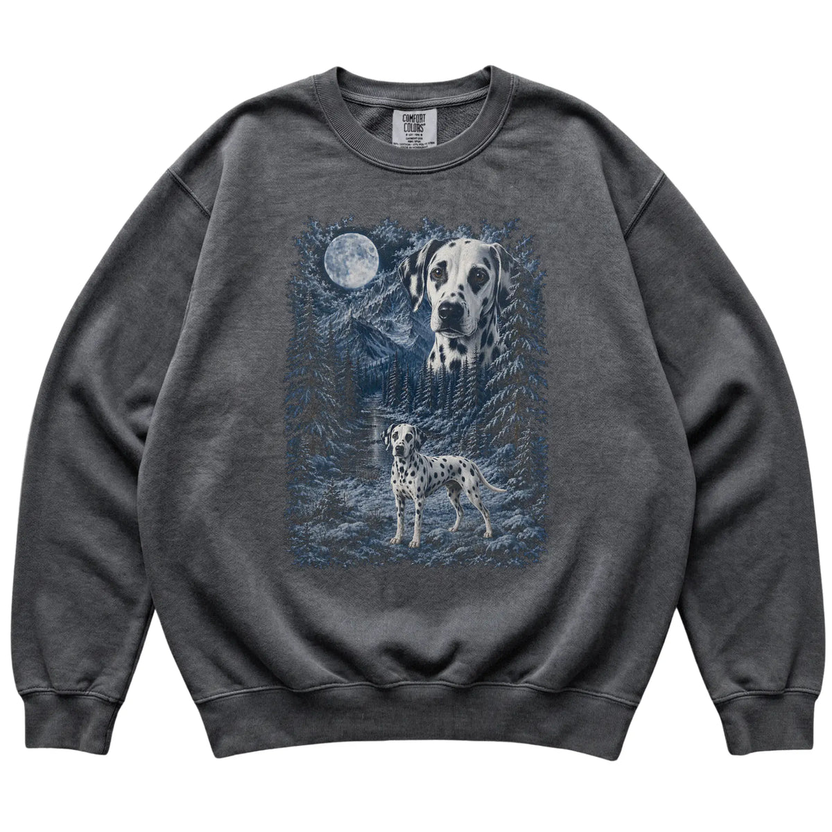 pepper sweatshirt with Dalmatian Winter Moon artwork.