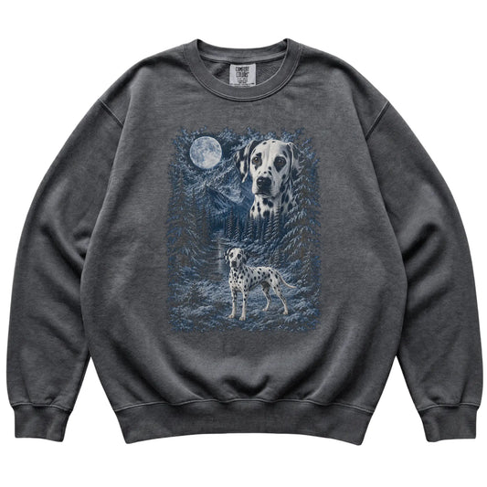 pepper sweatshirt with Dalmatian Winter Moon artwork.