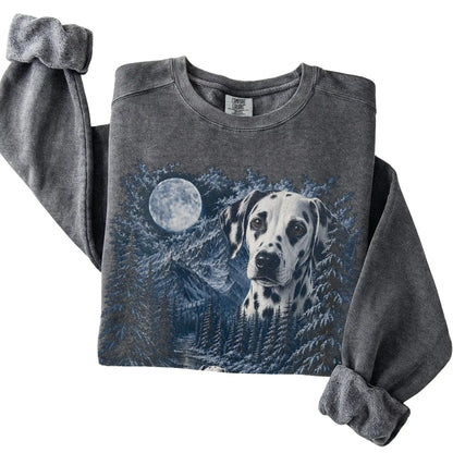 Folded pepper sweatshirt with Dalmatian Winter Moon artwork.