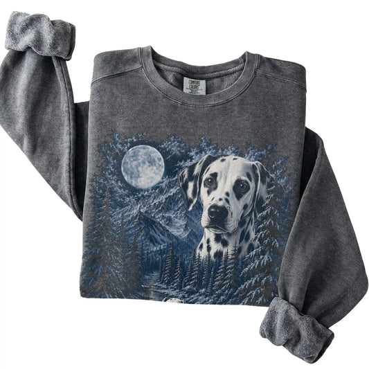 Folded pepper sweatshirt with Dalmatian Winter Moon artwork.