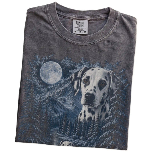 Folded pepper T-shirt with Dalmatian Winter Moon artwork.