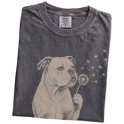 Folded Pepper Comfort Colors® T-shirt showing American Bulldog portrait with drifting dandelion seeds