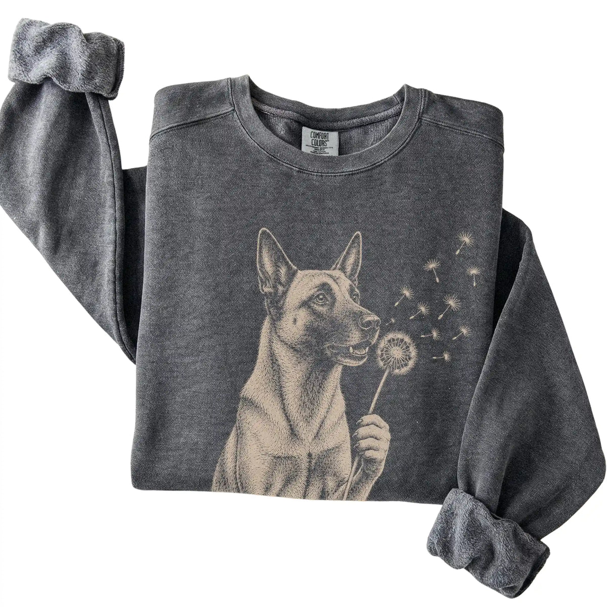Pepper Comfort Colors® sweatshirt featuring Dandelion Belgian Malinois, folded presentation