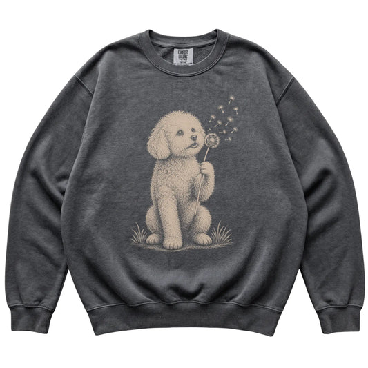 Pepper Comfort Colors® sweatshirt featuring Dandelion Bichon Frise, laid-flat presentation