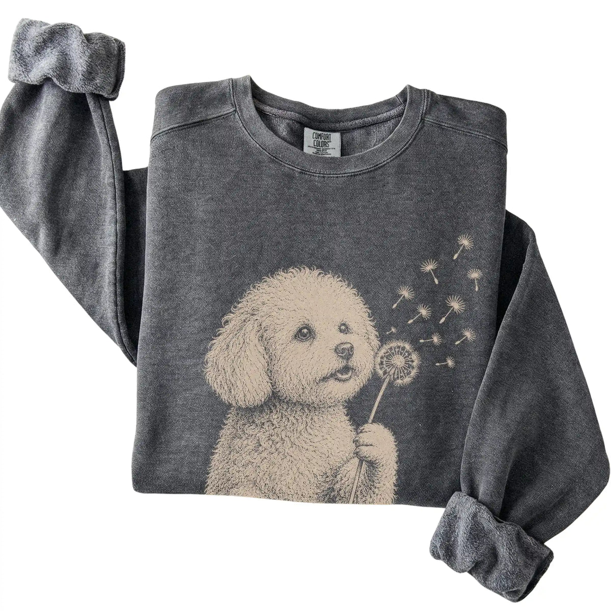 Pepper Comfort Colors® sweatshirt featuring Dandelion Bichon Frise, folded presentation
