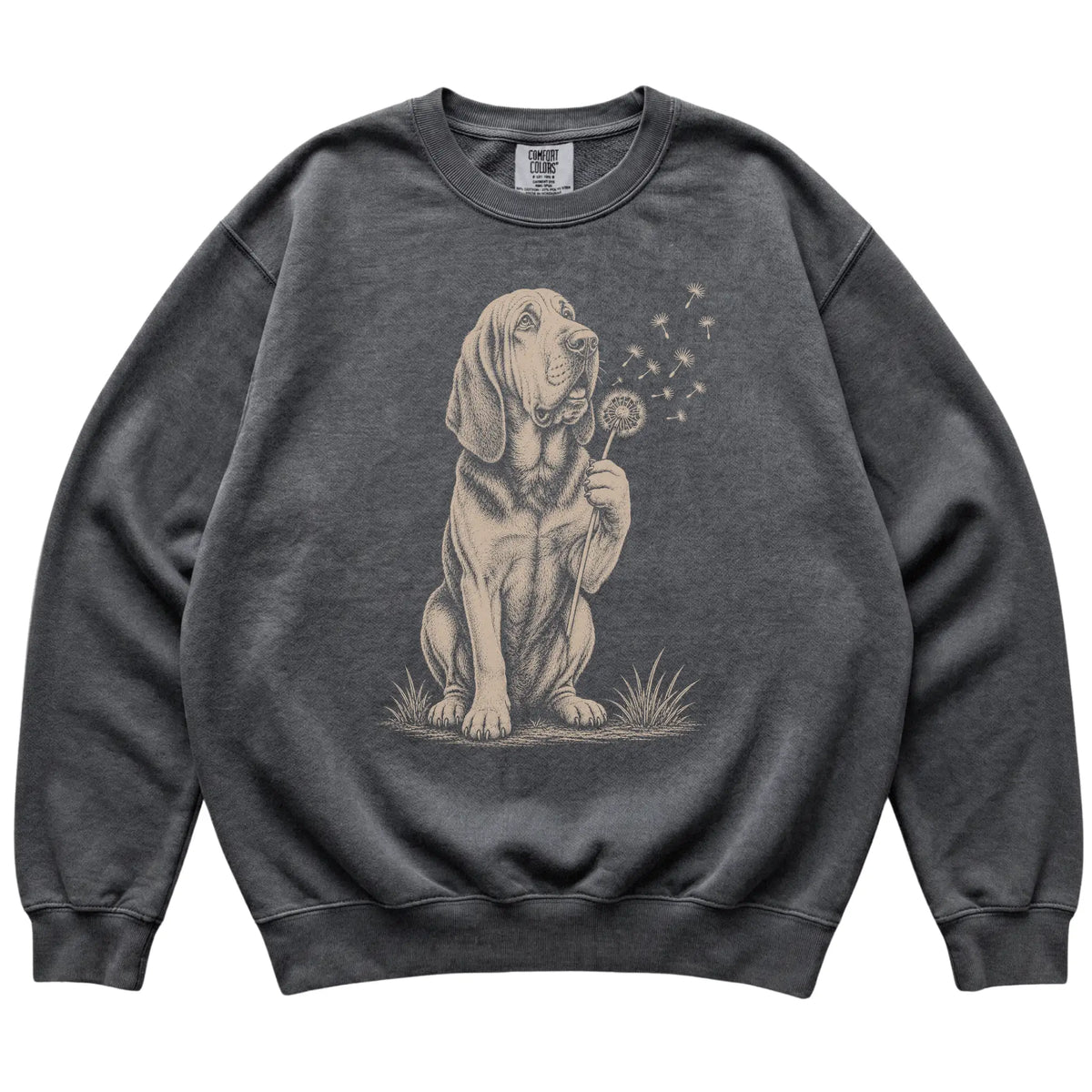 Pepper Comfort Colors® sweatshirt featuring Dandelion Bloodhound, laid-flat presentation
