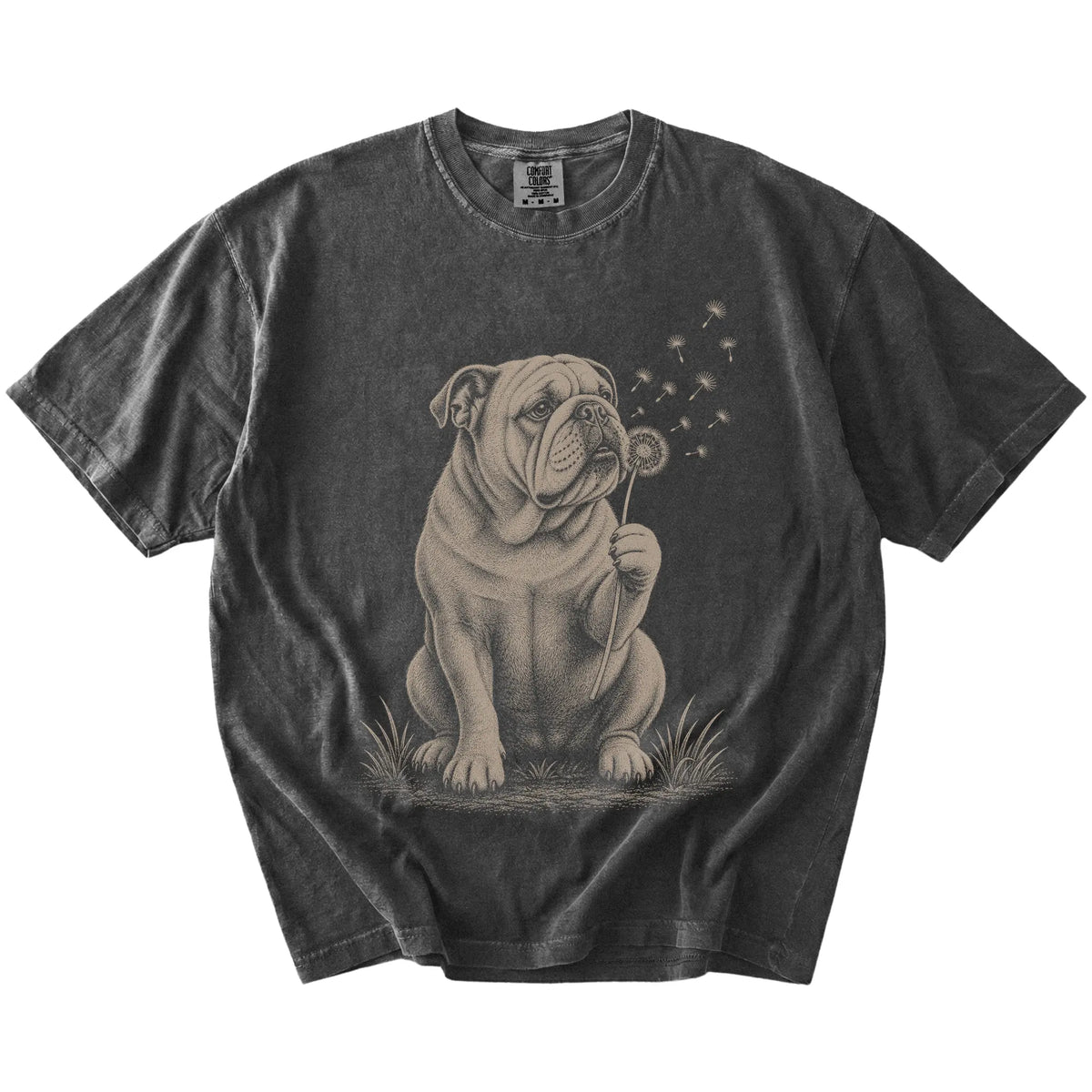 Bulldog portrait with drifting dandelion seeds on a Pepper Comfort Colors® T-shirt