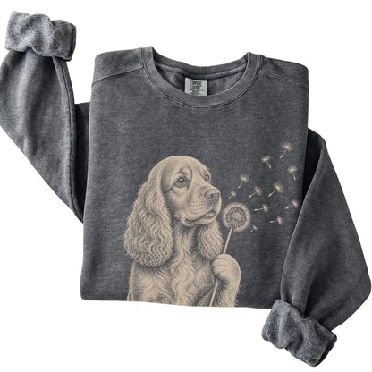 Pepper Comfort Colors® sweatshirt featuring Dandelion Cocker Spaniel, folded presentation